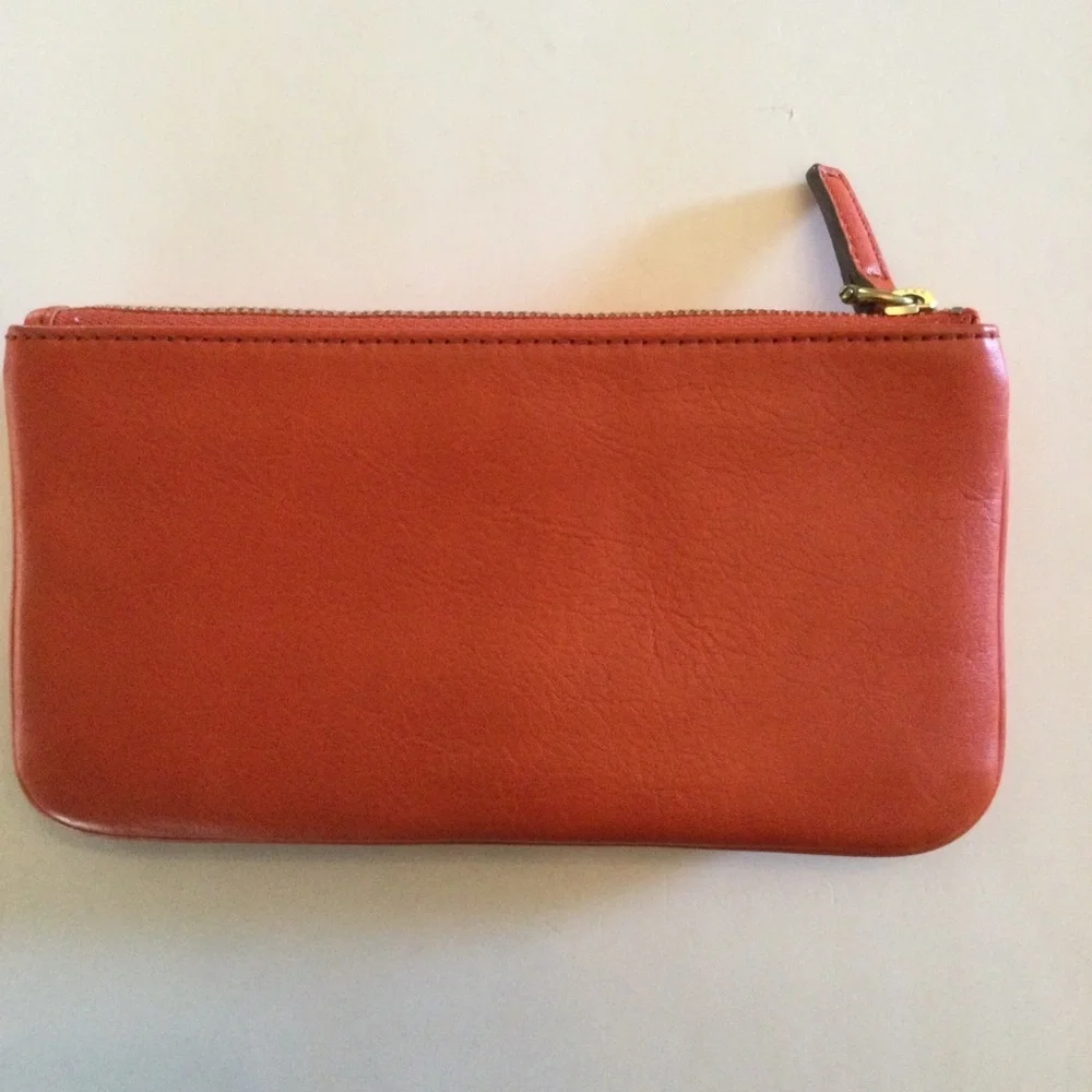Fossil Tangerine Colored Genuine Leather Wallet Billfold Clutch With Zip…
